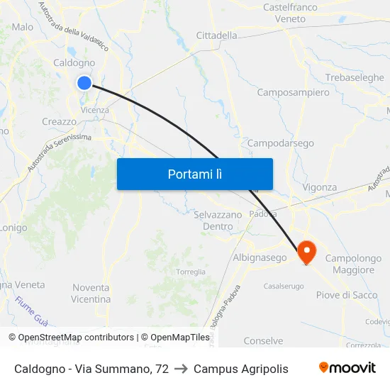 Caldogno - Via Summano, 72 to Campus Agripolis map