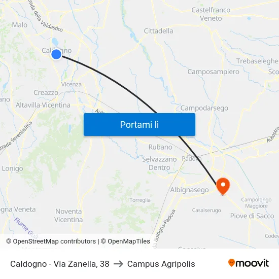Caldogno - Via Zanella, 38 to Campus Agripolis map