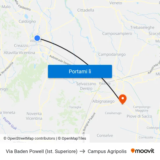 Via Baden Powell (Ist. Superiore) to Campus Agripolis map