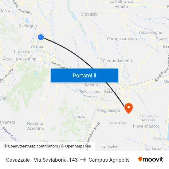 Cavazzale - Via Saviabona, 143 to Campus Agripolis map