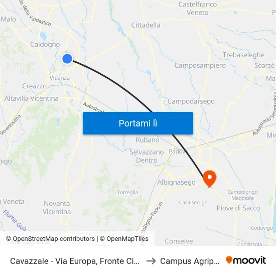 Cavazzale - Via Europa, Fronte Civ.175 to Campus Agripolis map