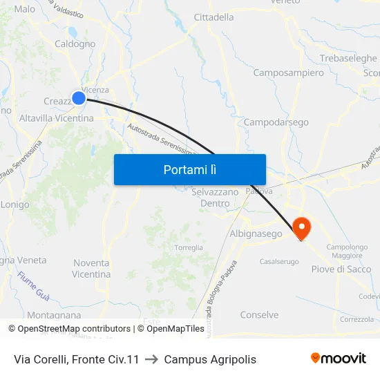 Via Corelli, Fronte Civ.11 to Campus Agripolis map