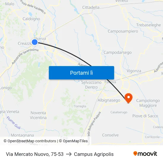 Via Mercato Nuovo, 75-53 to Campus Agripolis map