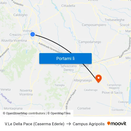 V.Le Della Pace (Caserma Ederle) to Campus Agripolis map