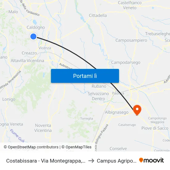 Costabissara - Via Montegrappa, 70 to Campus Agripolis map