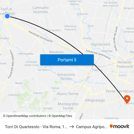 Torri Di Quartesolo - Via Roma, 129 to Campus Agripolis map