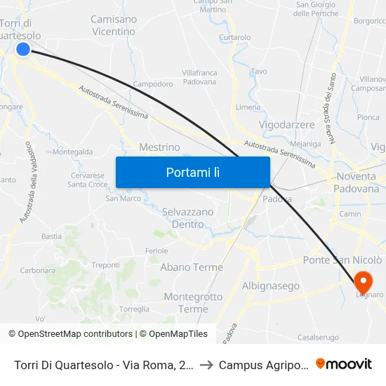 Torri Di Quartesolo - Via Roma, 292 to Campus Agripolis map