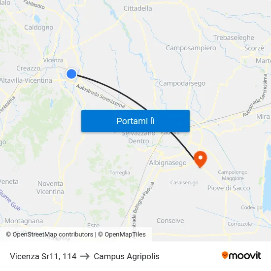 Vicenza Sr11, 114 to Campus Agripolis map