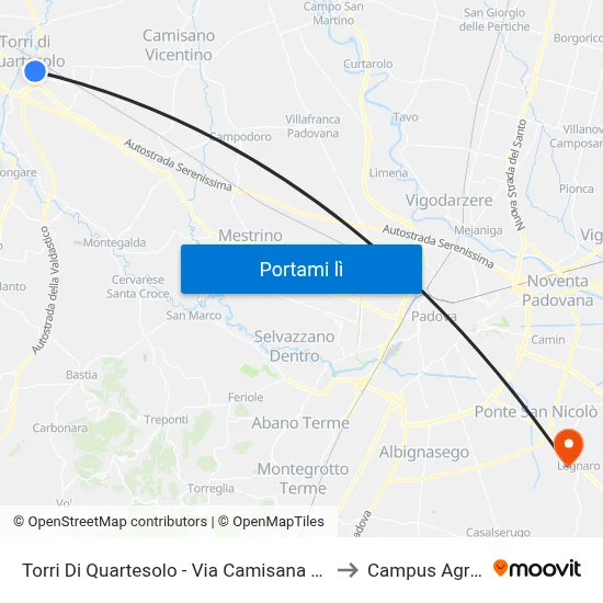 Torri Di Quartesolo - Via Camisana (Capolinea) to Campus Agripolis map