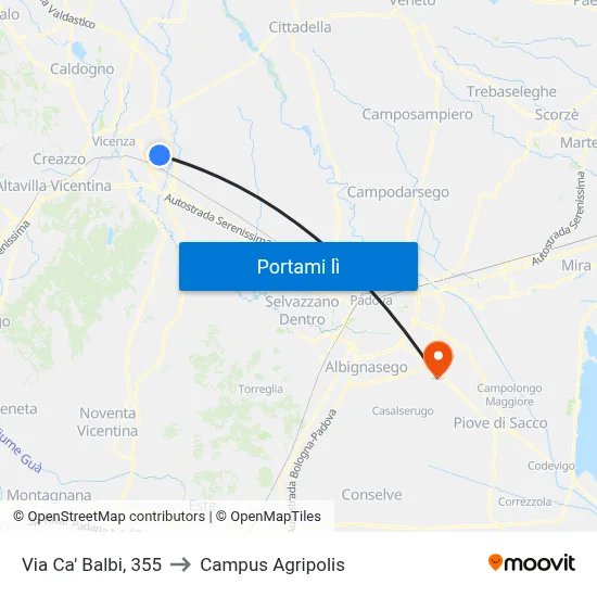 Via Ca' Balbi, 355 to Campus Agripolis map