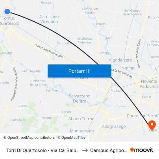Torri Di Quartesolo - Via Ca' Balbi, 1 to Campus Agripolis map