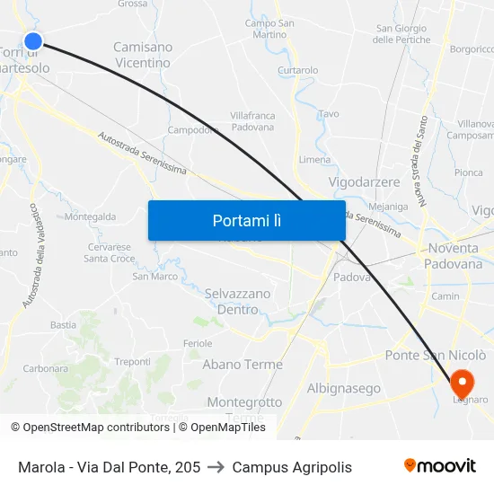 Marola - Via Dal Ponte, 205 to Campus Agripolis map