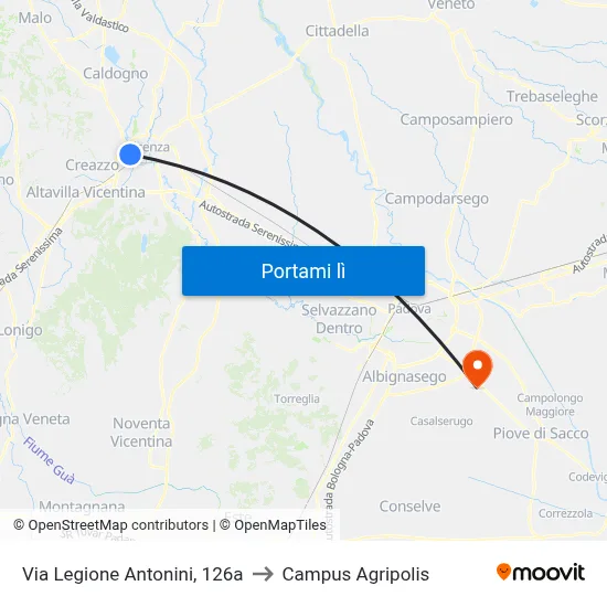 Via Legione Antonini, 126a to Campus Agripolis map
