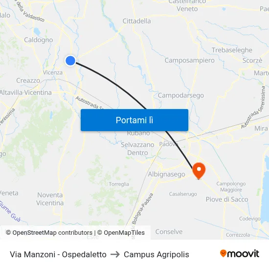 Via Manzoni - Ospedaletto to Campus Agripolis map