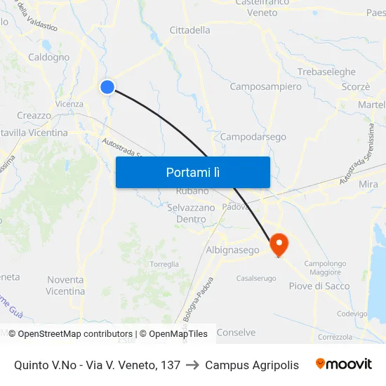 Quinto V.No - Via V. Veneto, 137 to Campus Agripolis map