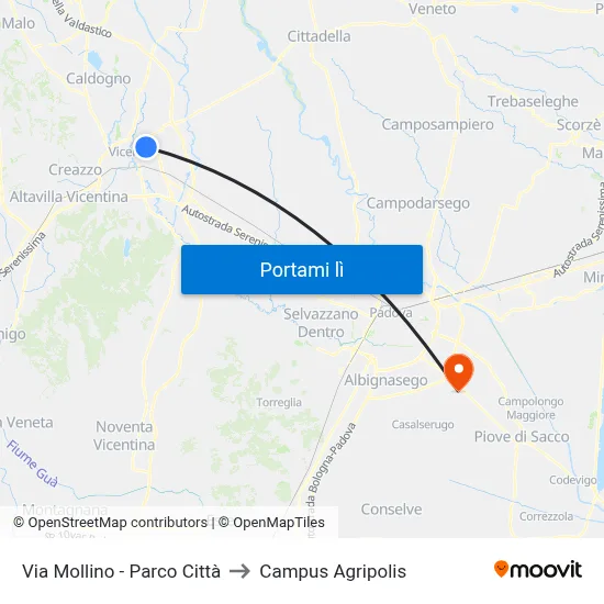 Via Mollino - Parco Città to Campus Agripolis map