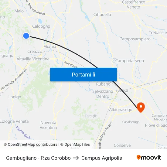 Gambugliano - P.za Corobbo to Campus Agripolis map