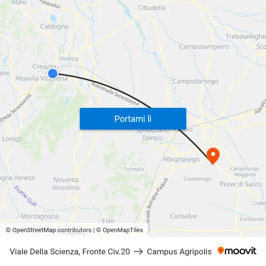 Viale Della Scienza, Fronte Civ.20 to Campus Agripolis map