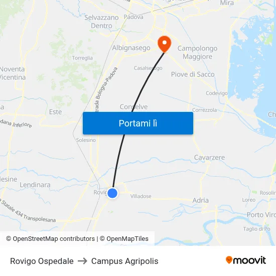 Rovigo Ospedale to Campus Agripolis map