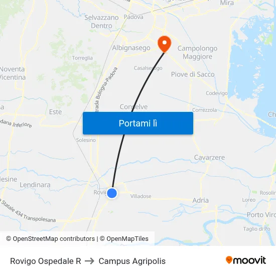 Rovigo Ospedale R to Campus Agripolis map