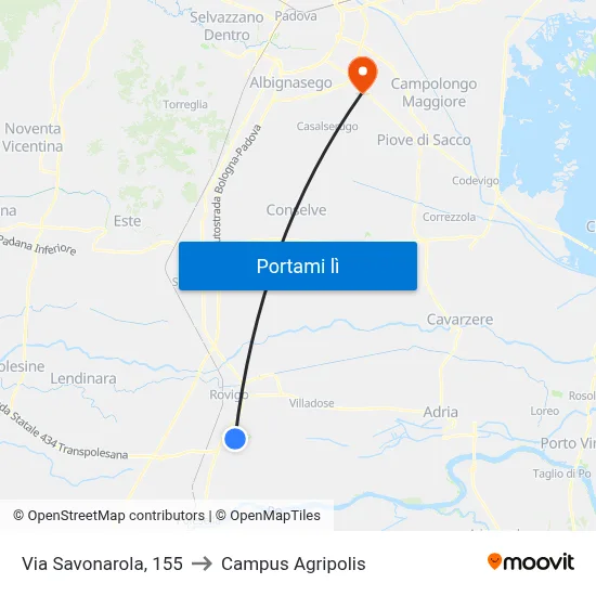 Via Savonarola, 155 to Campus Agripolis map