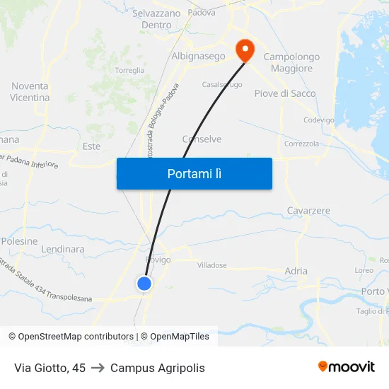 Via Giotto, 45 to Campus Agripolis map