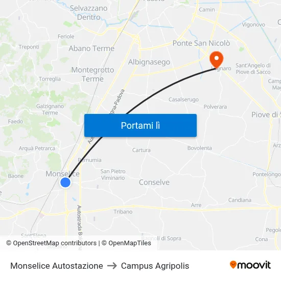 Monselice Autostazione to Campus Agripolis map