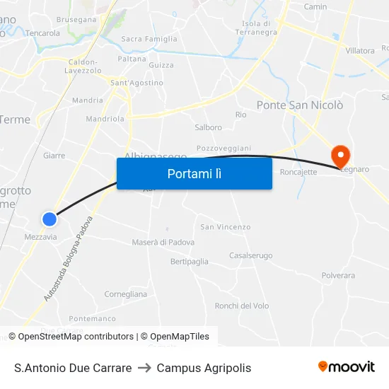 S.Antonio Due Carrare to Campus Agripolis map