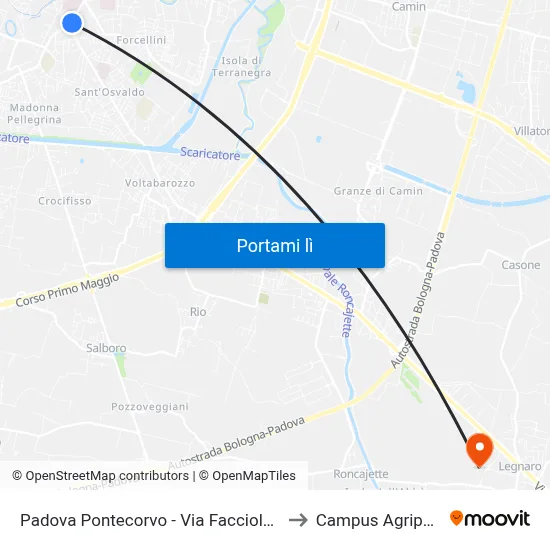 Padova Pontecorvo - Via Facciolati R to Campus Agripolis map