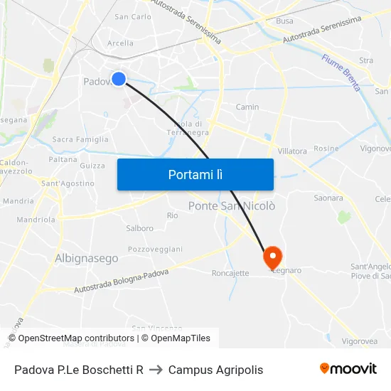 Padova P.Le Boschetti R to Campus Agripolis map