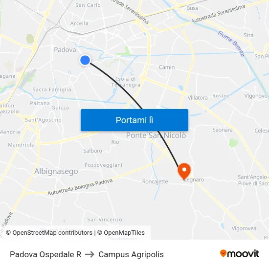 Padova Ospedale R to Campus Agripolis map