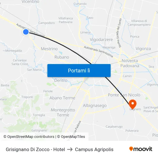 Grisignano Di Zocco - Hotel to Campus Agripolis map