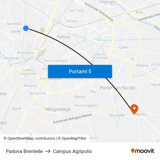 Padova Brentelle to Campus Agripolis map