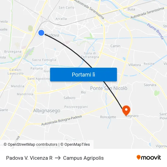 Padova V. Vicenza R to Campus Agripolis map
