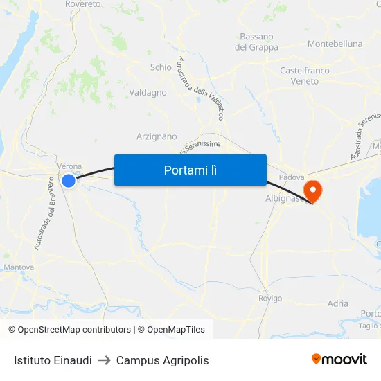 Istituto Einaudi to Campus Agripolis map