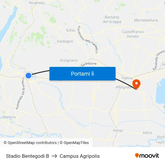 Stadio Bentegodi B to Campus Agripolis map