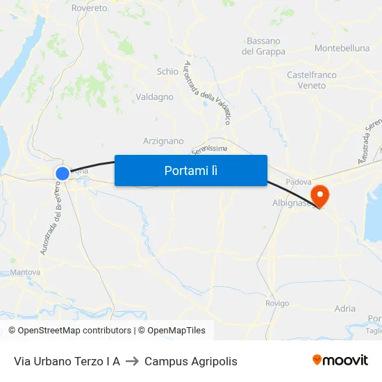 Via Urbano Terzo I A to Campus Agripolis map