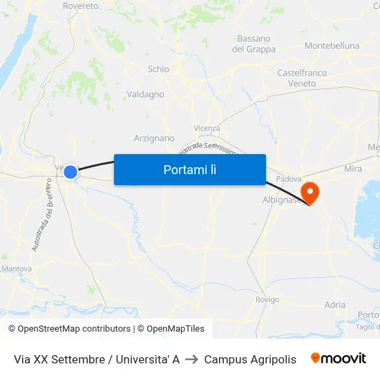 Via XX Settembre / Universita' A to Campus Agripolis map