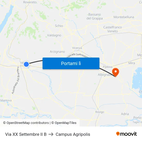 Via XX Settembre II B to Campus Agripolis map