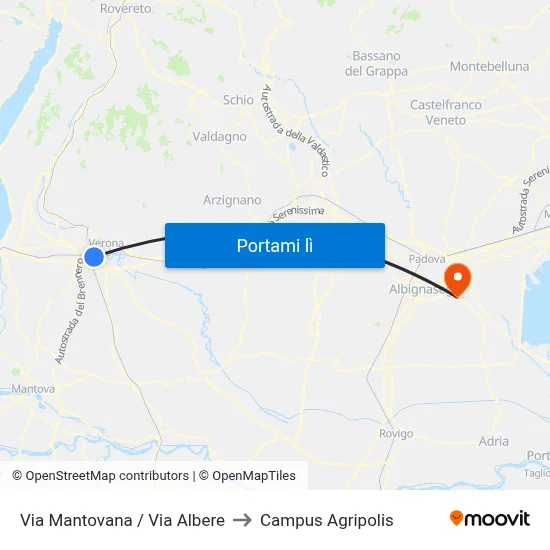 Via Mantovana / Via Albere to Campus Agripolis map