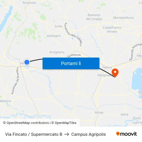 Via Fincato / Supermercato B to Campus Agripolis map
