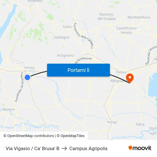 Via Vigasio / Ca' Brusa' B to Campus Agripolis map