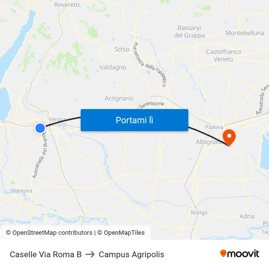 Caselle Via Roma B to Campus Agripolis map