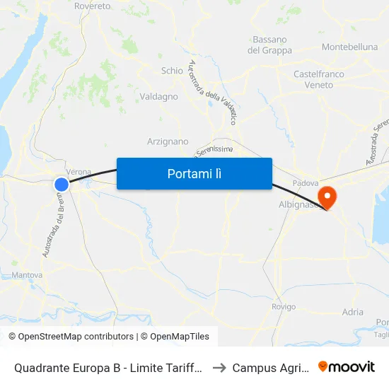 Quadrante Europa B - Limite Tariffa Urbana to Campus Agripolis map