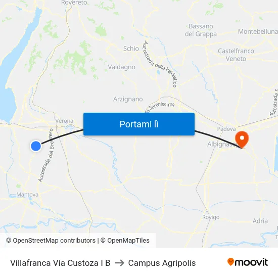 Villafranca Via Custoza I B to Campus Agripolis map