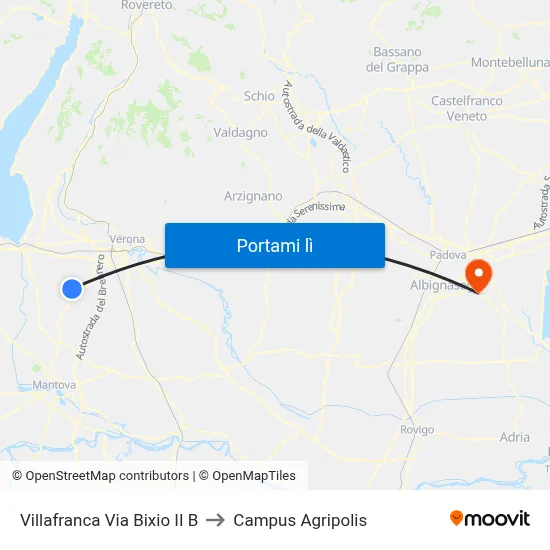 Villafranca Via Bixio II B to Campus Agripolis map