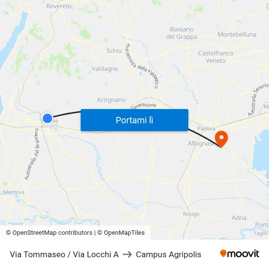 Via Tommaseo / Via Locchi A to Campus Agripolis map
