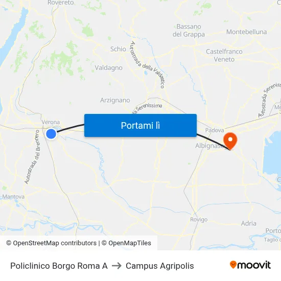 Policlinico Borgo Roma A to Campus Agripolis map