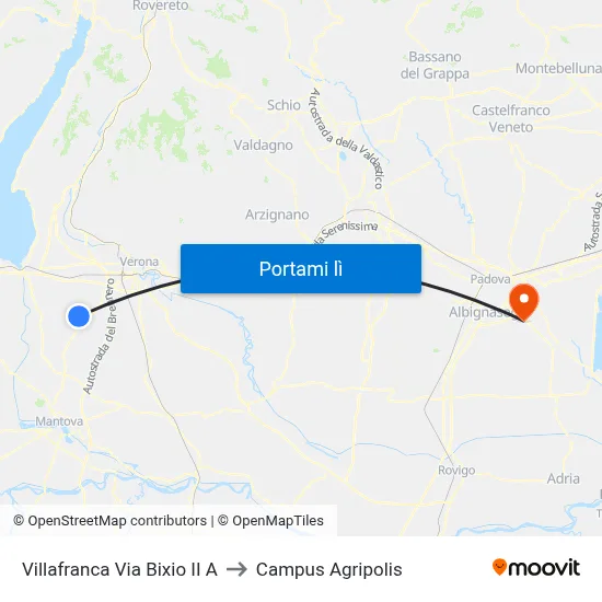 Villafranca Via Bixio II A to Campus Agripolis map