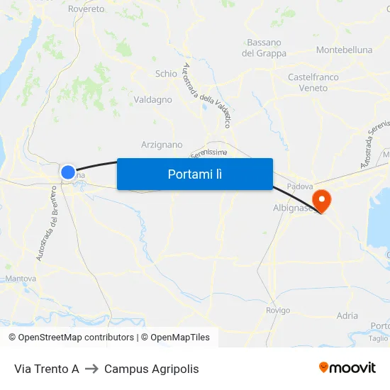 Via Trento A to Campus Agripolis map
